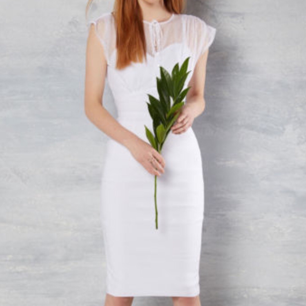 Stop Staring! Ivory Fitted dress with mesh overlay
